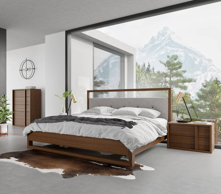Falcor - Modern Grey Fabric  and  Walnut Veneer Bed