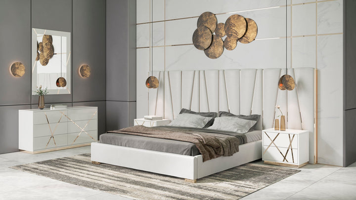 Nixa Modern White Bonded Leather &amp; Gold Bed