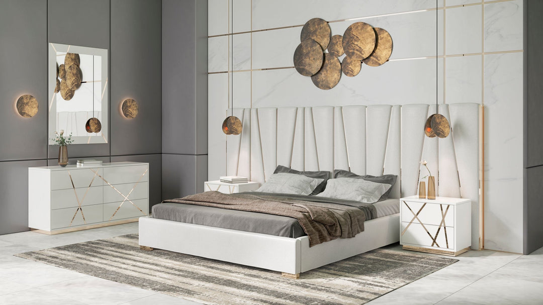 Nixa Modern White Bonded Leather & Gold Bed