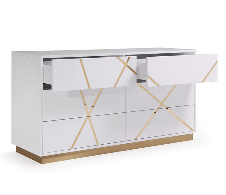 Nixa Modern Wide White and Gold Dresser