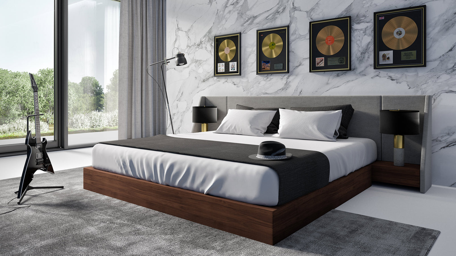 Janice - Modern Grey Fabric and Walnut Bed and Nightstands
