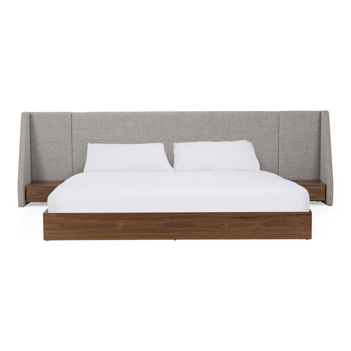 Janice - Modern Grey Fabric and Walnut Bed and Nightstands