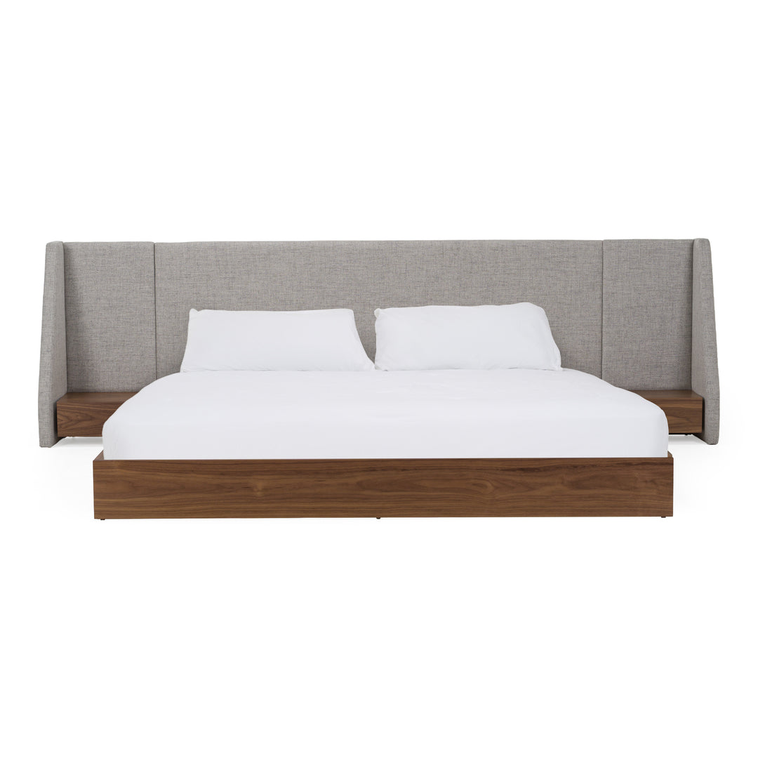 Janice - Modern Grey Fabric and Walnut Bed and Nightstands