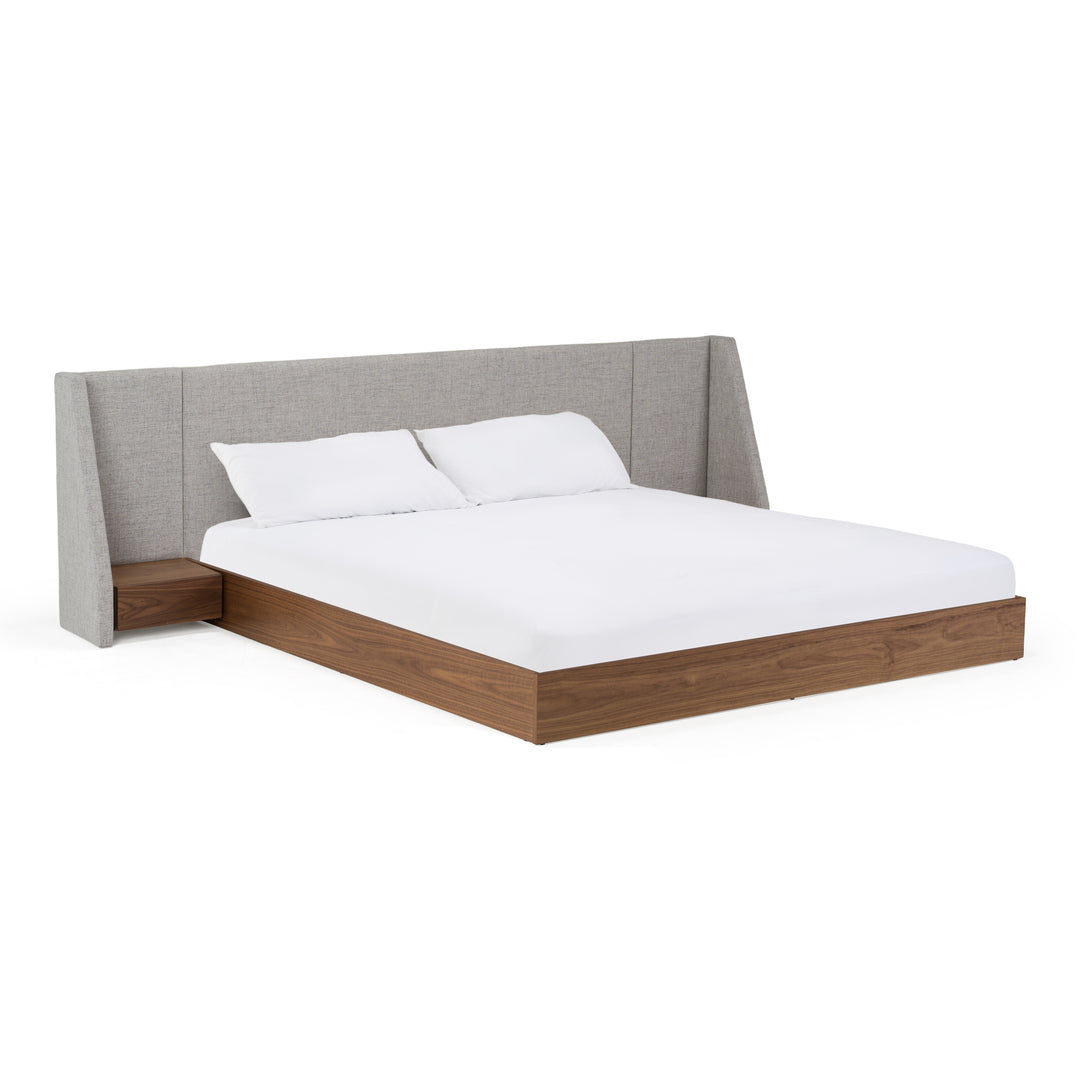 Janice - Modern Grey Fabric and Walnut Bed and Nightstands