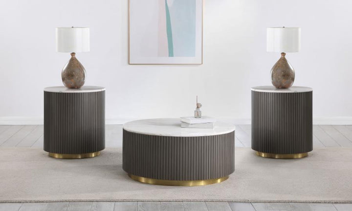 Jason 3 - Piece Round Marble Coffee And End Table Set Charcoal Coffee Table Set modern furniture Contempo Furniture