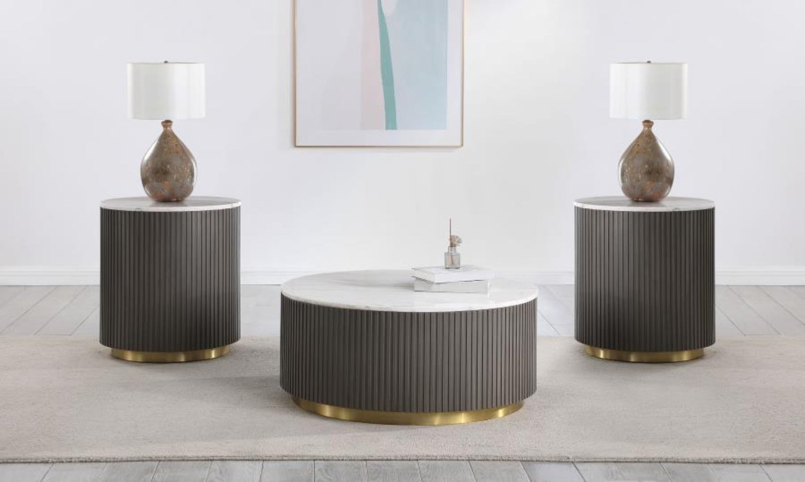 Jason 3 - Piece Round Marble Coffee And End Table Set Charcoal Coffee Table Set modern furniture Contempo Furniture