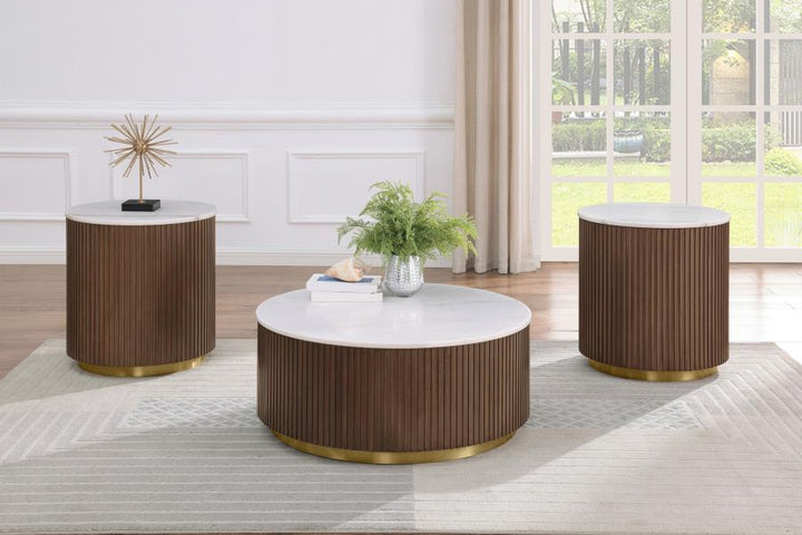 Jason 3 - Piece Round Marble Coffee And End Table Set Charcoal Coffee Table Set modern furniture Contempo Furniture