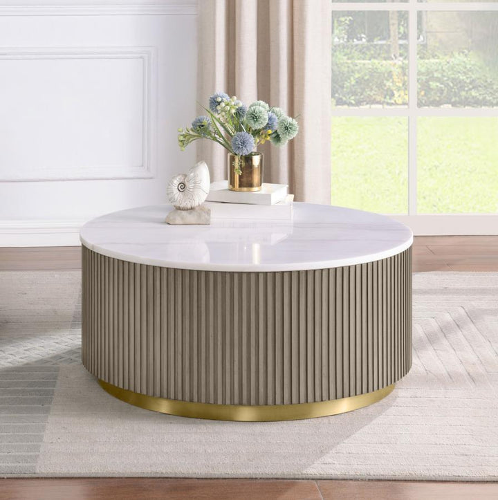 Jason Round White Marble Top Coffee Table Charcoal Coffee Table modern furniture Contempo Furniture