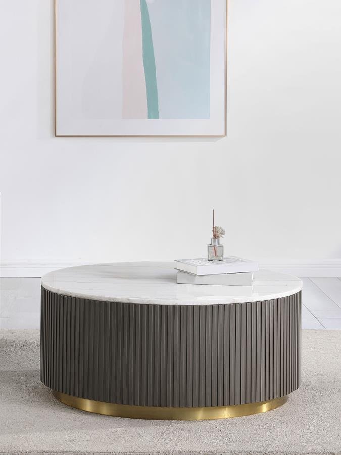 Jason Round White Marble Top Coffee Table Charcoal Coffee Table modern furniture Contempo Furniture