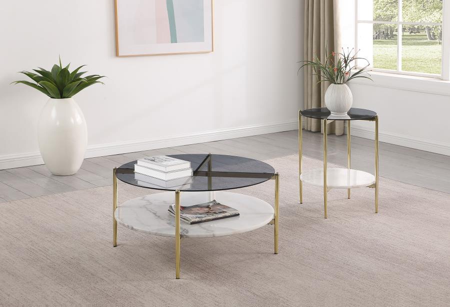 Jonelle - 2 Piece Round Coffee And End Table Set - Gold / Smoke Table Set modern furniture Contempo Furniture