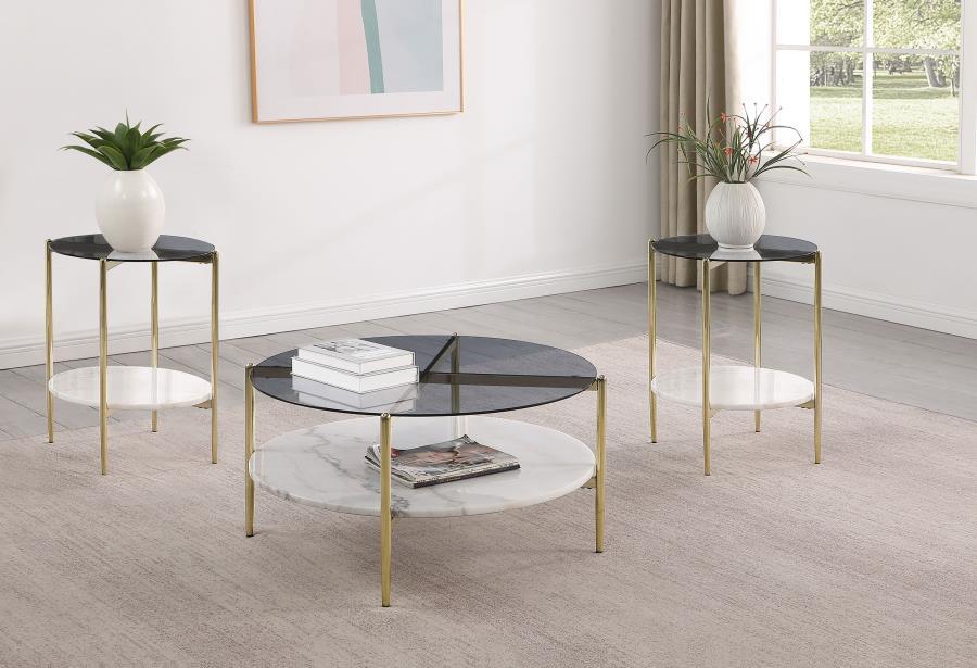 Jonelle - 3 Piece Round Coffee And End Table Set - Gold / Smoke Table Set modern furniture Contempo Furniture