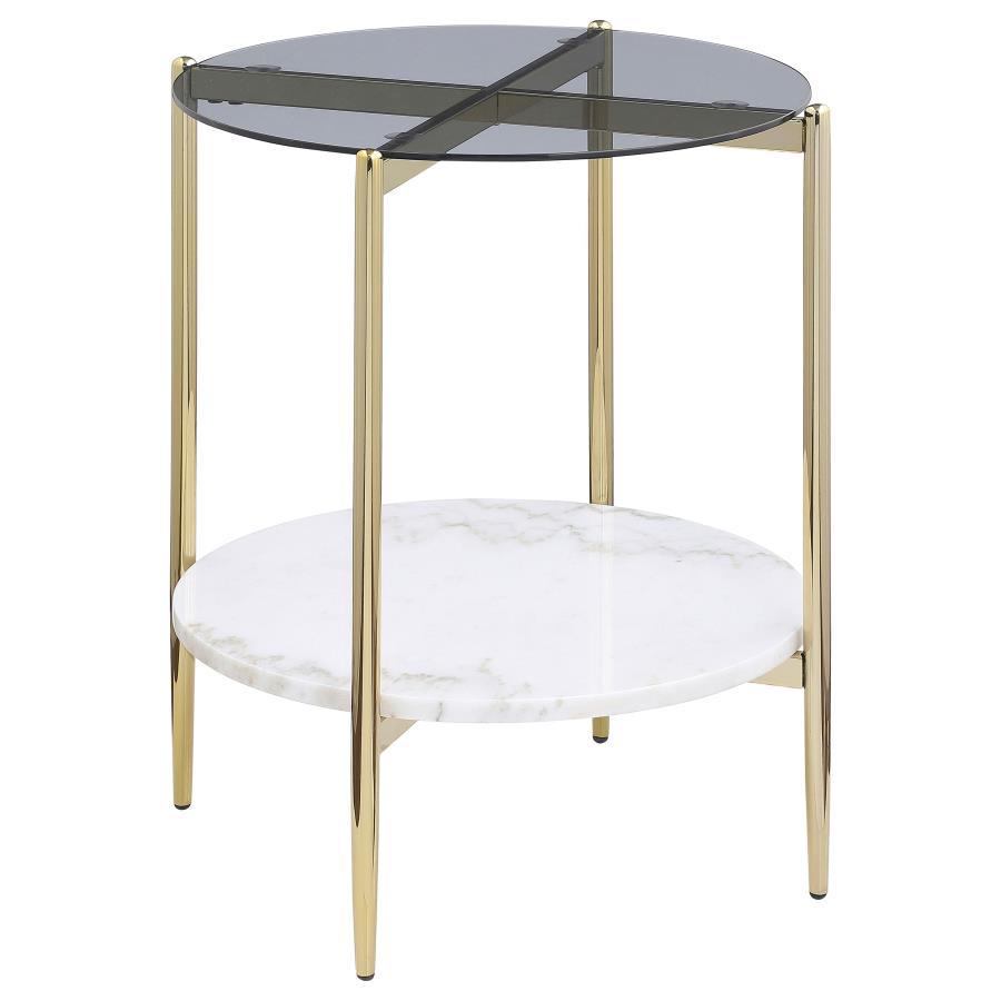 Jonelle - 3 Piece Round Coffee And End Table Set - Gold / Smoke Table Set modern furniture Contempo Furniture