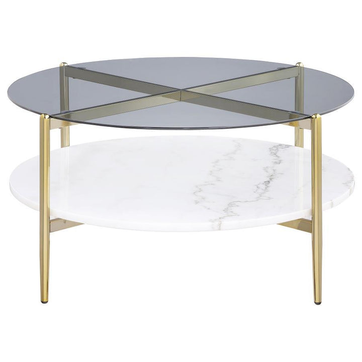 Jonelle - Round Glass Top Coffee Table White Marble Shelf Gold - Smoke Coffee Table modern furniture Contempo Furniture