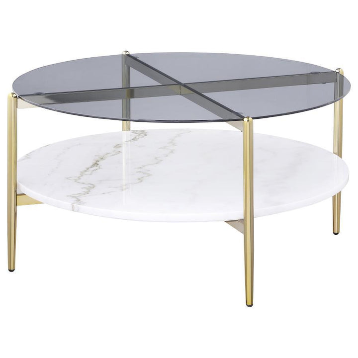 Jonelle - Round Glass Top Coffee Table White Marble Shelf Gold - Smoke Coffee Table modern furniture Contempo Furniture