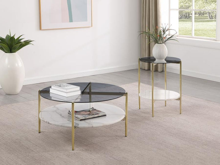 Jonelle - Round Glass Top Coffee Table White Marble Shelf Gold - Smoke Coffee Table modern furniture Contempo Furniture