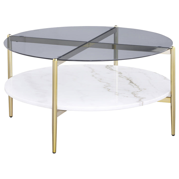 Jonelle - Round Glass Top Coffee Table White Marble Shelf Gold - Smoke Coffee Table modern furniture Contempo Furniture