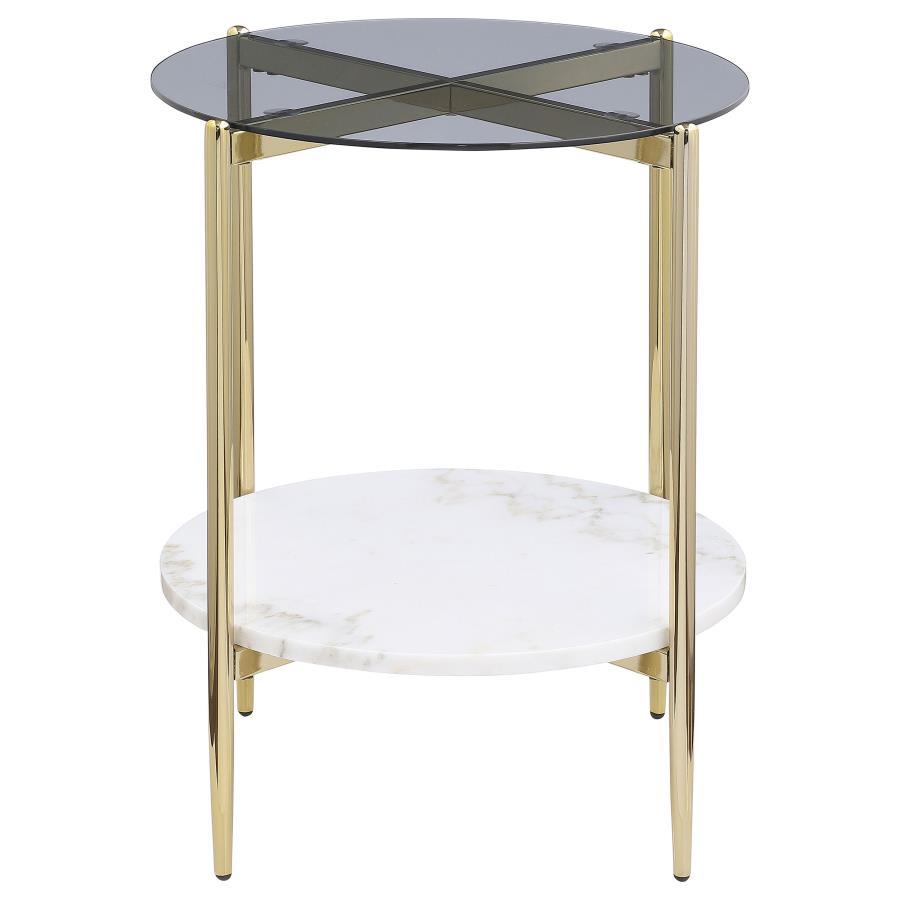 Jonelle - Round Glass Top End Table White Marble Shelf Gold - Smoke End Table modern furniture Contempo Furniture