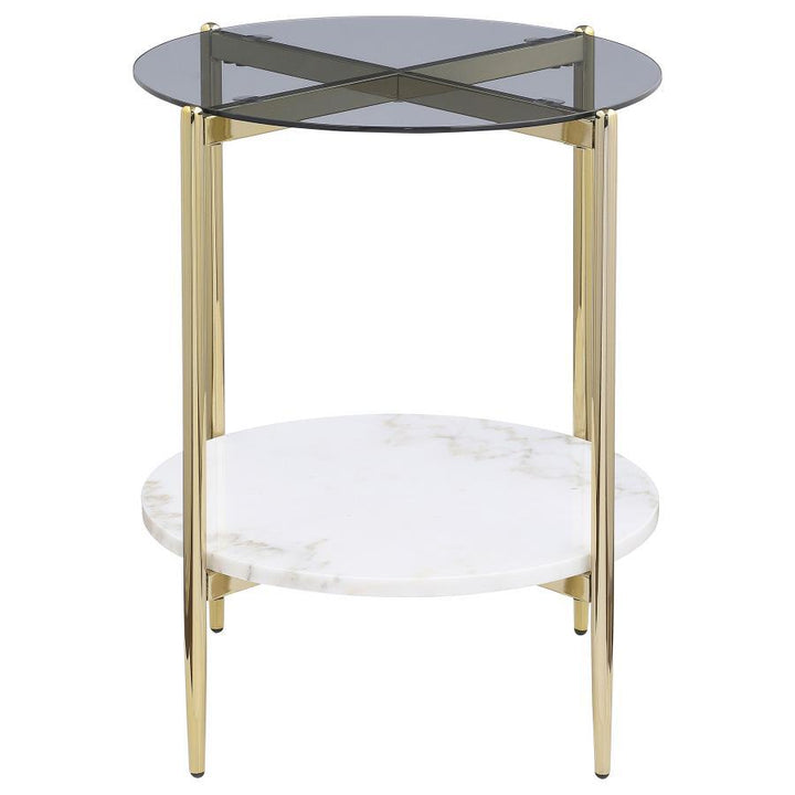 Jonelle - Round Glass Top End Table White Marble Shelf Gold - Smoke End Table modern furniture Contempo Furniture
