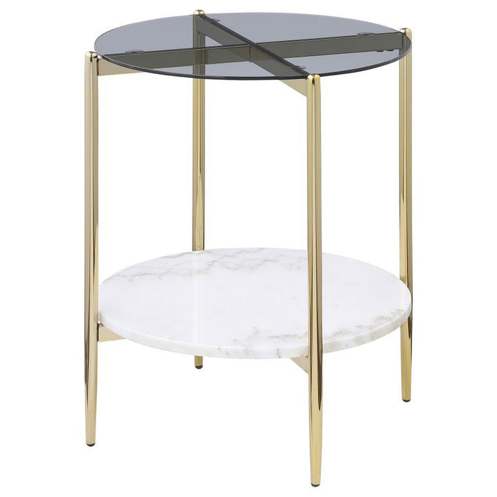 Jonelle - Round Glass Top End Table White Marble Shelf Gold - Smoke End Table modern furniture Contempo Furniture