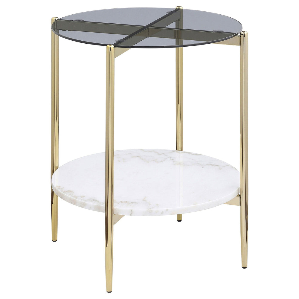 Jonelle - Round Glass Top End Table White Marble Shelf Gold - Smoke End Table modern furniture Contempo Furniture