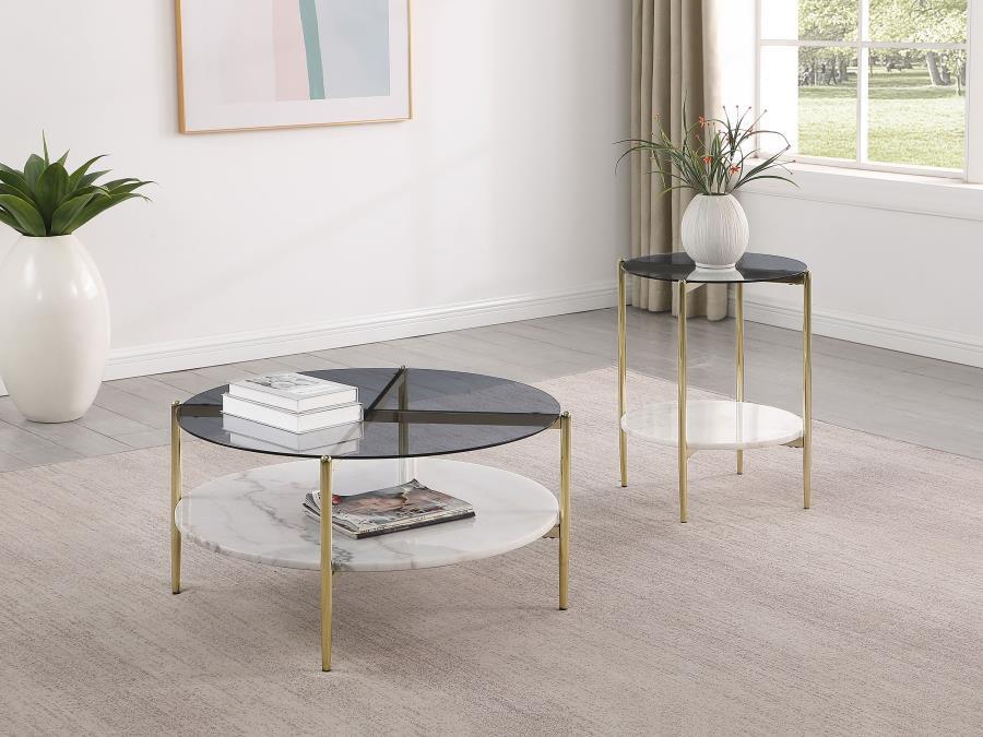 Jonelle - Round Glass Top End Table White Marble Shelf Gold - Smoke End Table modern furniture Contempo Furniture