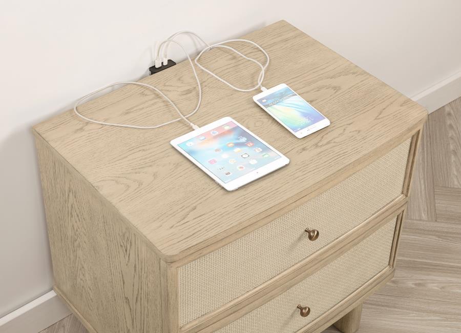 Kailani - 2 - Drawer Nightstand Bedside Table - Beige Oak Nightstand w/ Charging Station modern furniture Contempo Furniture