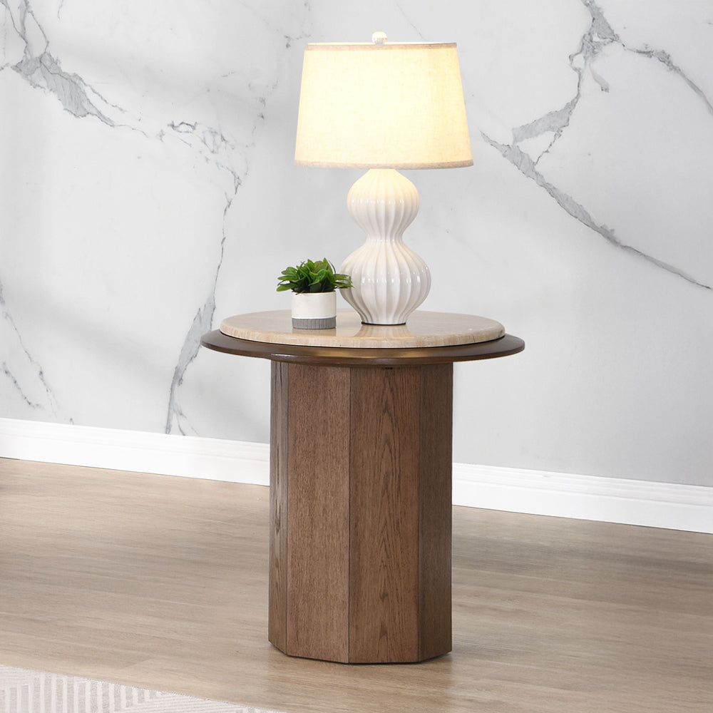 Kasha End Table - Travertine Top & Walnut