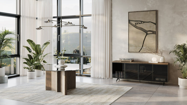 Kaye - Modern Walnut + Glass 71" Round Dining Table