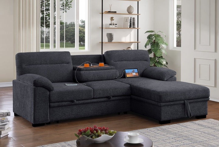 Kipling II 94" Dark Gray Chenille Sleeper Sectional with Storage Chaise &amp; USB Charging Sleeper Sectional modern furniture Contempo Furniture