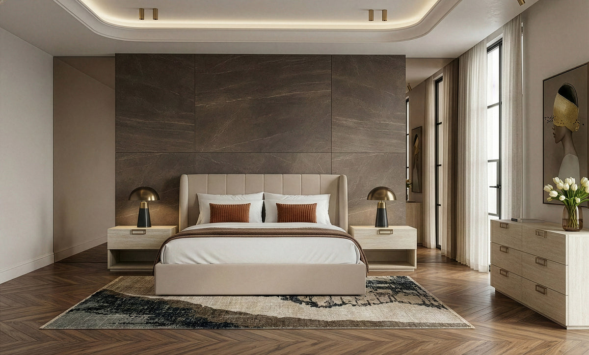 Queen Kiro + Lago - Modern Tan Fabric + Faux Travertine 4-Piece Bedroom Set