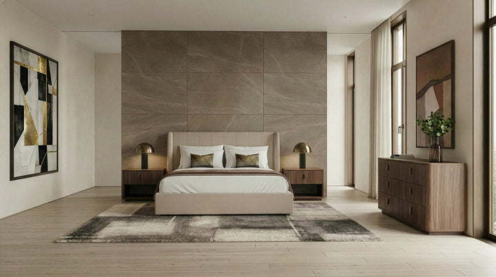 Kiro + Roma - Modern Tan Fabric + Walnut 4-Piece Bedroom Set