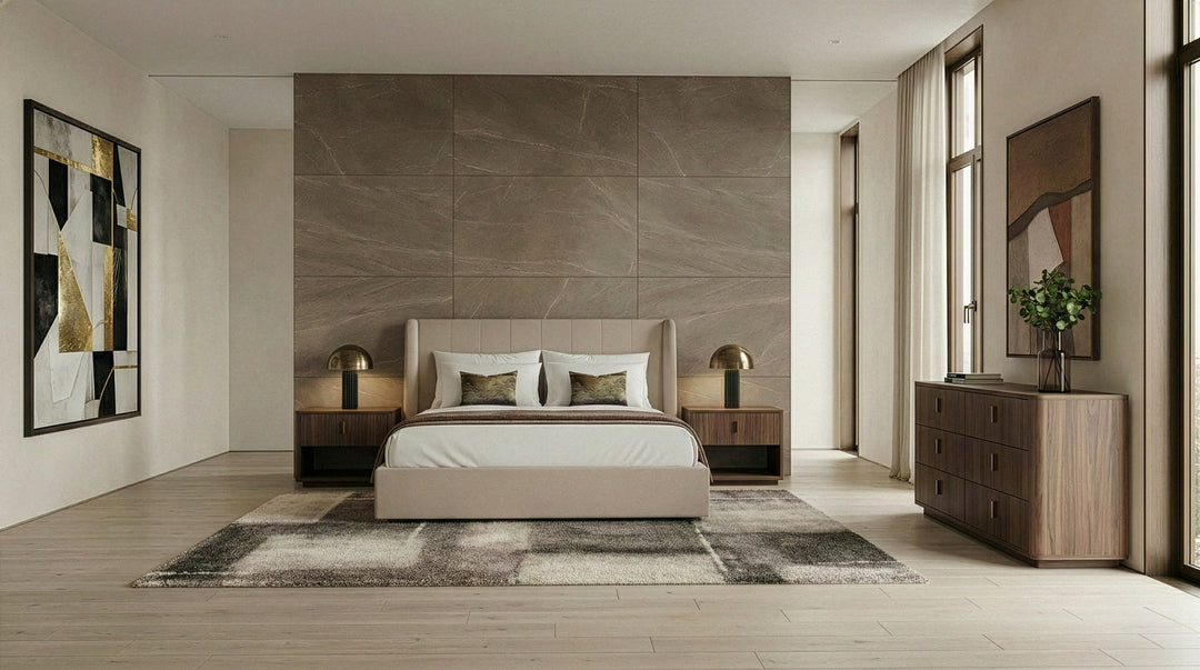 Kiro + Roma - Modern Tan Fabric + Walnut 4-Piece Bedroom Set