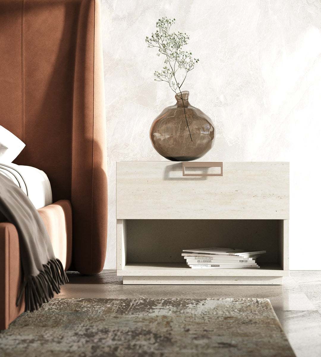 Roma + Lago - Modern Burnt Orange Velvet + Faux Travertine Bed + Nightstands Set