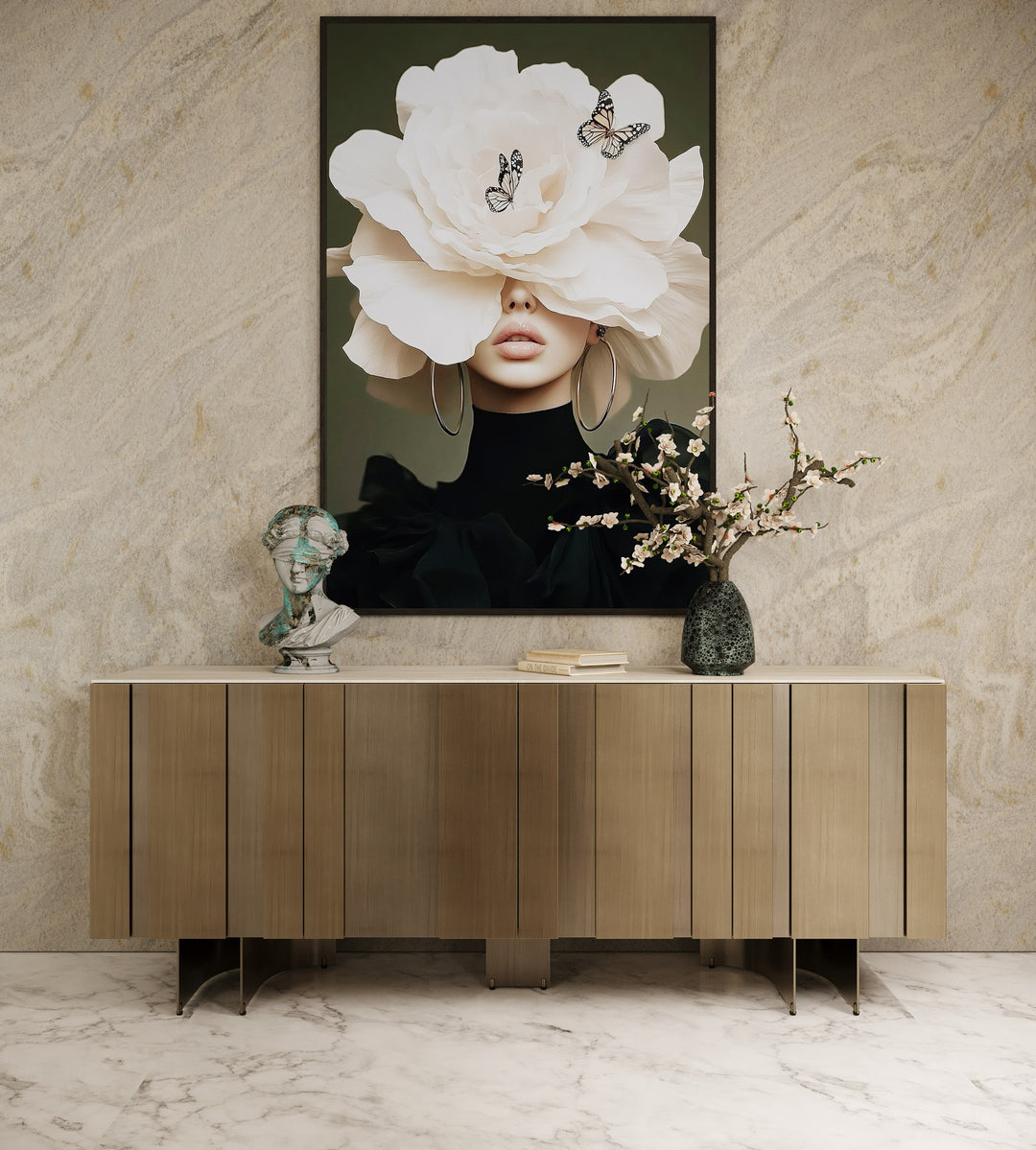 Kiefer - Modern Faux Travertine Ceramic + Bronze Buffet