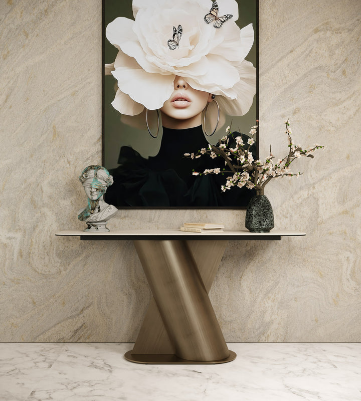 Kiefer - Modern Faux Travertine Ceramic + Bronze Console Table