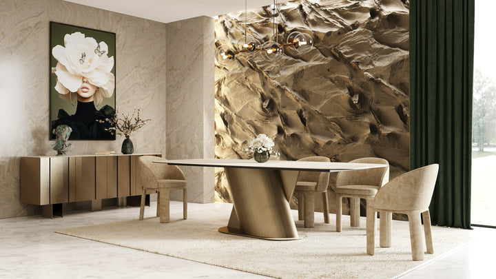 Kiefer - Modern Faux Travertine Ceramic + Bronze Dining Table
