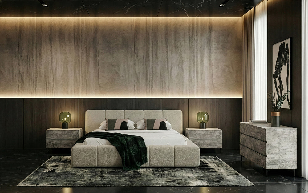 Queen Lamont + Aria - Modern Beige Fabric + Grey Texture 4-Piece Bedroom Set