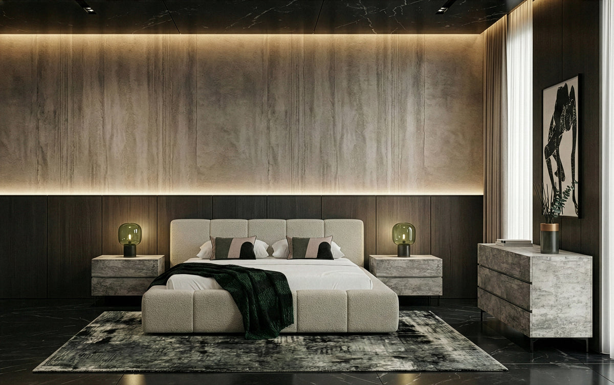 Eastern King Lamont + Aria - Modern Beige Fabric + Grey Texture 4-Piece Bedroom Set