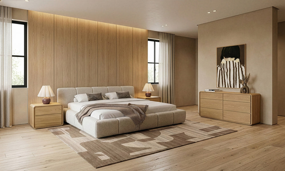 Eastern King Lamont + Dustin - Modern Beige Fabric + Natural Oak 4-Piece Bedroom Set