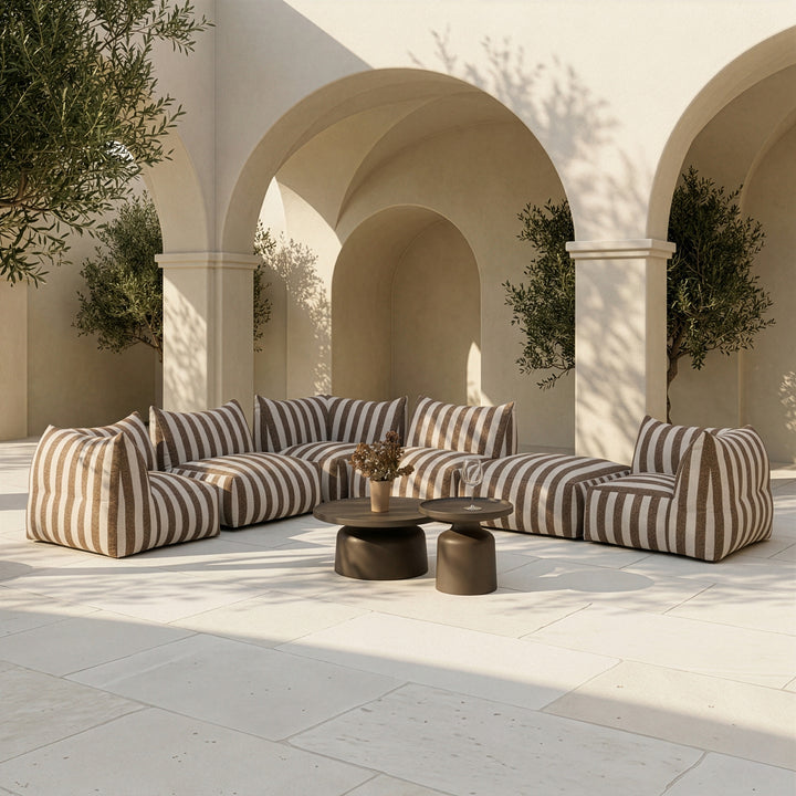 Lanuza - Outdoor Brown + White Stripe Fabric Ottoman