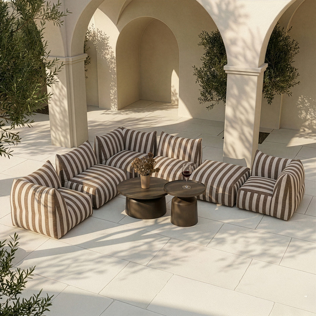 Lanuza - Outdoor Brown + White Stripe Fabric Ottoman