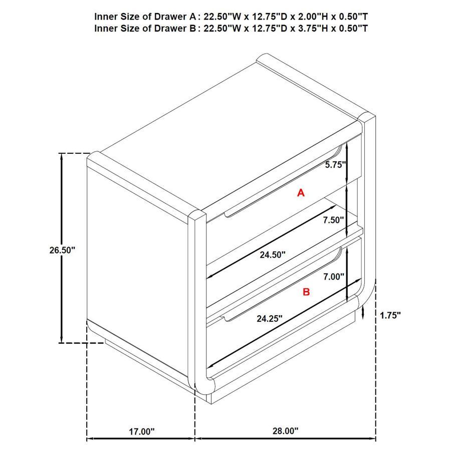 Leandro - 2 - Drawer LED Nightstand With USB - Burnished Black Nightstand w/ Charging Station modern furniture Contempo Furniture
