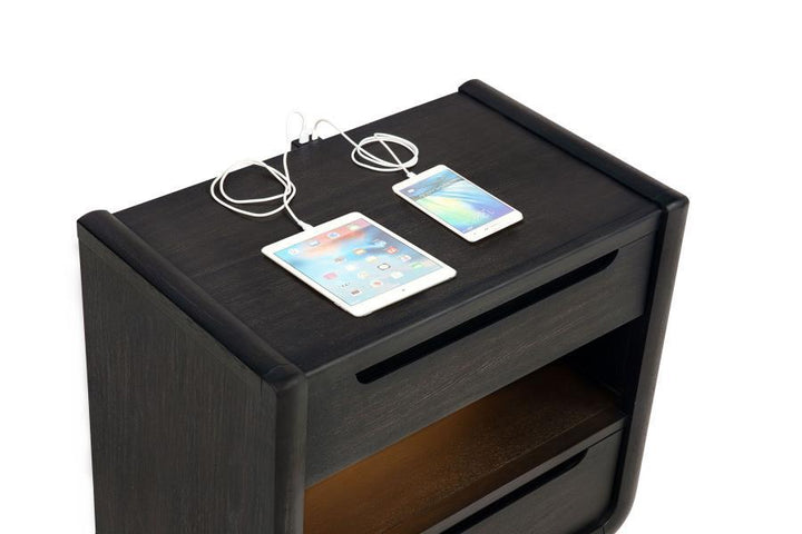 Leandro - 2 - Drawer LED Nightstand With USB - Burnished Black Nightstand w/ Charging Station modern furniture Contempo Furniture
