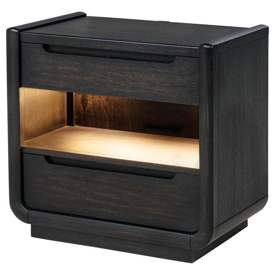Leandro - 2 - Drawer LED Nightstand With USB - Burnished Black Nightstand w/ Charging Station modern furniture Contempo Furniture