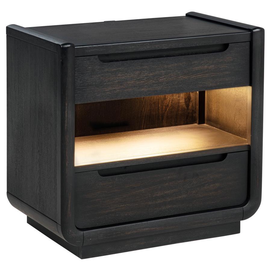 Leandro - 2 - Drawer LED Nightstand With USB - Burnished Black Nightstand w/ Charging Station modern furniture Contempo Furniture