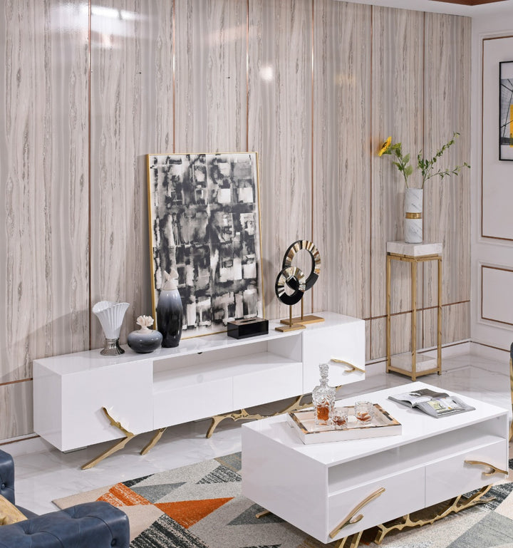 Legend - 87"-Wide Modern White Gold TV Stand