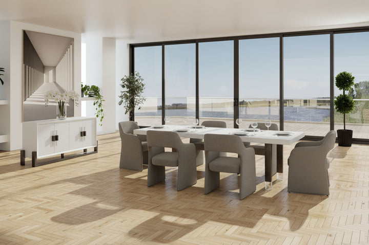 Lenny- Modern White High Gloss &amp; Stainless Steel Gun Metal Dining Table