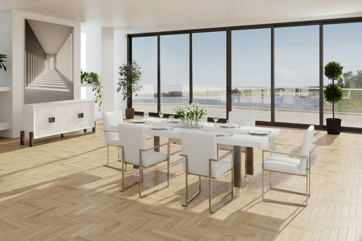 Lenny- Modern White High Gloss &amp; Stainless Steel Gun Metal Dining Table