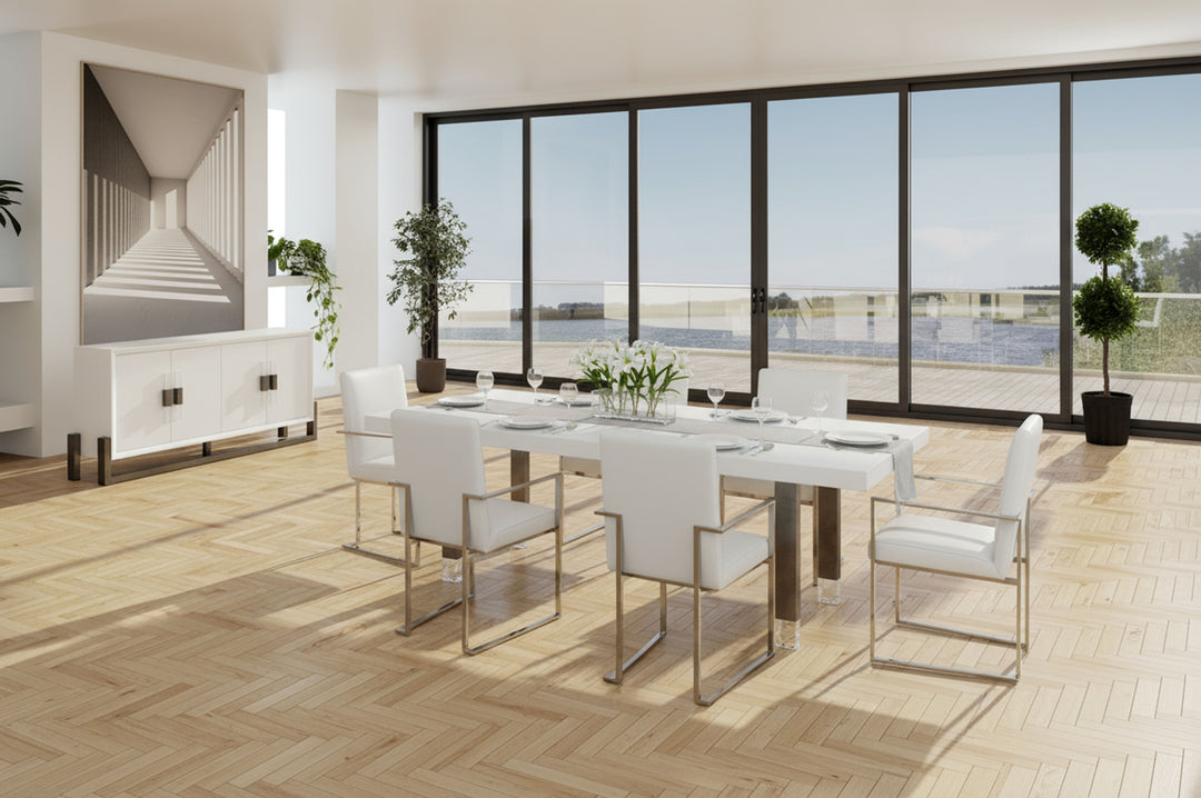 Lenny- Modern White High Gloss  and  Stainless Steel Gun Metal Dining Table