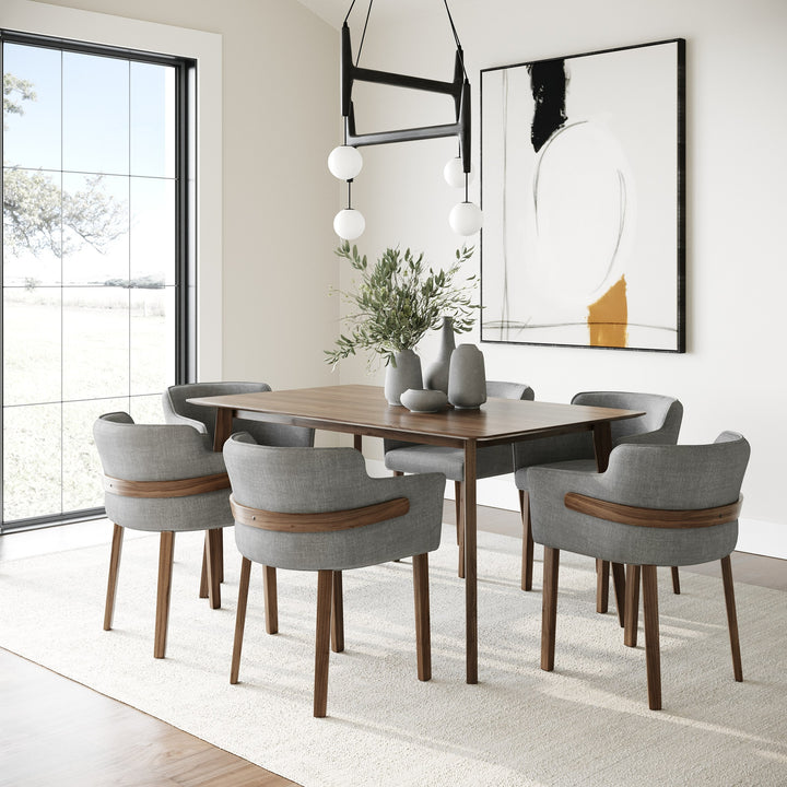 Castillo + Jordan - Modern Grey Fabric + Walnut 7-Piece Dining Set